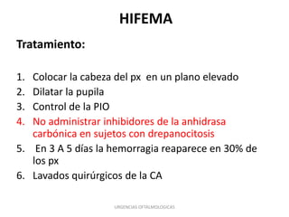 HIFEMA
Tratamiento:
1.
2.
3.
4.

Colocar la cabeza del px en un plano elevado
Dilatar la pupila
Control de la PIO
No administrar inhibidores de la anhidrasa
carbónica en sujetos con drepanocitosis
5. En 3 A 5 días la hemorragia reaparece en 30% de
los px
6. Lavados quirúrgicos de la CA
URGENCIAS OFTALMOLOGICAS

 