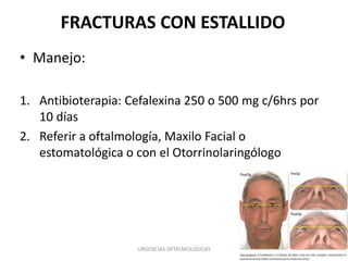 FRACTURAS CON ESTALLIDO
• Manejo:
1. Antibioterapia: Cefalexina 250 o 500 mg c/6hrs por
10 días
2. Referir a oftalmología, Maxilo Facial o
estomatológica o con el Otorrinolaringólogo

URGENCIAS OFTALMOLOGICAS

 