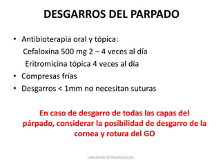 DESGARROS DEL PARPADO
• Antibioterapia oral y tópica:
Cefaloxina 500 mg 2 – 4 veces al día
Eritromicina tópica 4 veces al día
• Compresas frías
• Desgarros < 1mm no necesitan suturas
En caso de desgarro de todas las capas del
párpado, considerar la posibilidad de desgarro de la
cornea y rotura del GO
URGENCIAS OFTALMOLOGICAS

 