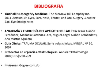 BIBLIOGRAFIA
• Tintinalli's Emergency Medicine. The McGraw-Hill Company Inc.
2011 .Section 19. Eyes, Ears, Nose, Throat, and Oral Surgery .Chapter
236. Eye Emergencies
• ANATOMÍA Y FISIOLOGÍA DEL APARATO OCULAR. Félix Jesús Alañón
Fernández, Manuela Cárdenas Lara, Miguel Angel Alañón Fernández y
Ana Martos Aguilera
• Guía Clínica: TRAUMA OCULAR. Serie guías clínicas. MINSAL Nº 50.
2007
• Protocolos en urgencias oftalmológicas. Annals d’Oftalmologia
2007;15(5):238-269

• Imágenes: Goglee.com.do

 