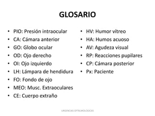 GLOSARIO
•
•
•
•
•
•
•
•
•

PIO: Presión intraocular
CA: Cámara anterior
GO: Globo ocular
OD: Ojo derecho
OI: Ojo izquierdo
LH: Lámpara de hendidura
FO: Fondo de ojo
MEO: Musc. Extraoculares
CE: Cuerpo extraño

•
•
•
•
•
•

HV: Humor vítreo
HA: Humos acuoso
AV: Agudeza visual
RP: Reacciones pupilares
CP: Cámara posterior
Px: Paciente

URGENCIAS OFTALMOLOGICAS

 