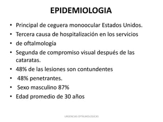 EPIDEMIOLOGIA
•
•
•
•
•
•
•
•

Principal de ceguera monoocular Estados Unidos.
Tercera causa de hospitalización en los servicios
de oftalmología
Segunda de compromiso visual después de las
cataratas.
48% de las lesiones son contundentes
48% penetrantes.
Sexo masculino 87%
Edad promedio de 30 años
URGENCIAS OFTALMOLOGICAS

 