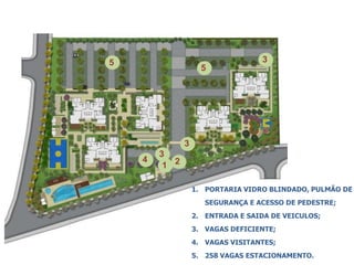 5                                   3
                     5




               3
        3
    4
         1 2

                   1. PORTARIA VIDRO BLINDADO, PULMÃO DE
                      SEGURANÇA E ACESSO DE PEDESTRE;
                   2. ENTRADA E SAIDA DE VEICULOS;
                   3. VAGAS DEFICIENTE;
                   4. VAGAS VISITANTES;
                   5. 258 VAGAS ESTACIONAMENTO.
 