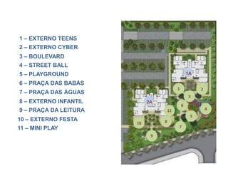 1 – EXTERNO TEENS
2 – EXTERNO CYBER
3 – BOULEVARD
4 – STREET BALL
5 – PLAYGROUND                                    1A

6 – PRAÇA DAS BABÁS
                                          1            2
7 – PRAÇA DAS ÁGUAS
                                                  3
8 – EXTERNO INFANTIL        2A
                                              6
9 – PRAÇA DA LEITURA                 11                    4
                                                   5
10 – EXTERNO FESTA               8
                       10
11 – MINI PLAY                            7

                             9
 