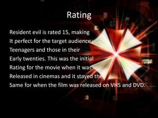 Rating
Resident evil is rated 15, making
It perfect for the target audience
Teenagers and those in their
Early twenties. This was the initial
Rating for the movie when it was
Released in cinemas and it stayed the
Same for when the film was released on VHS and DVD.

 