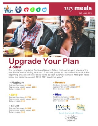  




Upgrade Your Plan
& Save
The meal plans consist of Declining Balance Dollars that can be used at any of the
four Pace Campus’ dining locations. Funds are posted to the student account at the
beginning of each semester and decline as each purchase is made. Meal plan rates
below are based on current 2010-2011 academic year.*

                                     
 • Platinum                                  • Bronze
Cost per Semester: $1995                     Cost per Semester: $1495
Approximate weekly usage: $124               Approximate weekly usage: $90
Daily average: $18                           Daily average: $13


• Gold                                       • Blue
Cost per Semester: $1795                     Cost Per Semester: $950
Approximate weekly usage: $112               Approximate weekly usage: $56
Daily average: $16                           Daily average: $8
                                              
    • Silver
Cost per Semester: $1595
Approximate weekly usage: $99
Daily average: $14                                 Chartwells Dining Services @ PACE University

                                                             New York City Campus
                                                                One Pace Plaza
                                                              New York, NY 10038
                                                                (212) 346-1283 
 