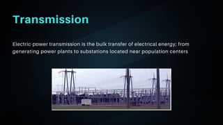 06
Electric-power transmission is the bulk transfer of electrical energy; from
generating power plants to substations located near population centers
Transmission
 