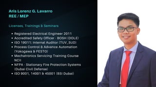 Licenses, Trainings & Seminars
Aris Lorenz G. Lavarro
REE / MEP
Registered Electrical Engineer 2011
Accredited Safety Officer - BOSH (DOLE)
ISO 19011: Internal Auditor (TUV_SUD)
Process Control & Advance Automation
(Yokogawa & FESTO)
Mechatronics Servicing Training Course
NCII
NFPA - Stationary Fire Protection Systems
(Dubai Civil Defense)
ISO 9001, 14001 & 45001 (BSI Dubai)
 