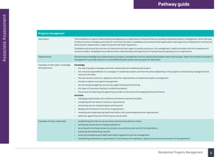 6
Associate
Assessment Pathway guide
Residential Property Management
Property management
Description This competency is about understanding and applying your experiences to the activities surrounding residential property management, where the type
of tenure involves managing outcomes for more than one party. Candidates must demonstrate appreciation and experience of dealing with contractual
and statutory requirements, codes of practice and other regulations.
Candidates will ensure that services are delivered with due regard to quality assurance, risk management, health and safety and the competence of
service providers. Candidates must demonstrate understanding and experience of interpreting and applying terms of agreement.
Requirements Demonstrate knowledge and understanding of property management and the relationship between owner and occupier. Apply the principles of property
management to provide solutions to issues affecting both owners and occupiers of real estate.
Examples of likely skills, knowledge
and experience
Knowledge
• the role of property managers and their relationship with landlords and tenants
•	
the role and responsibilities of a manager of residential property and how this alters depending on the property interest being managed and the
nature of the client
• the contractual, statutory, regulatory and other requirements of residential property management
• the law in relation to property management
• service charge budgeting, accounting, apportioning and monitoring
• the types of insurance relating to residential property
• the process of selecting and appointing providers of services and managing their performance.
Activities
• managing relationships with landlords and tenants and with providers
• complying with all relevant statutory requirements
• presenting service charge budgets and accounts
• dealing with breaches of the terms of agreements
• reviewing and implementing health and safety risk recommendations and requirements
• selecting, appointing and monitoring service provider.
Examples of tasks undertaken • establishing priorities for service levels and ensuring value for money
• estimating annual service charge expenditure
• ensuring service charge accounts provide a true and accurate record of all expenditure
• preparing and maintaining records
• ensuring compliance with health and safety regulations and risk management
• establishing maintenance requirements in accordance with legislation, good practice and the provisions of the agreement.
 