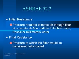 Copyright National Air Filtration Association
2006 Rev. 2
ASHRAE 52.2
 Initial Resistance
 Pressure required to move air through filter
at a certain air flow written in inches water,
Pascal or millimeters water
 Final Resistance
 Pressure at which the filter would be
considered fully loaded
 