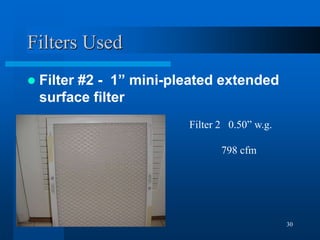 30
Filters Used
 Filter #2 - 1” mini-pleated extended
surface filter
Filter 2 0.50” w.g.
798 cfm
 