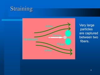 4
Straining
Fiber
Very large
particles
are captured
between two
fibers.
Airflow
Airflow
Particle
Airstream
 