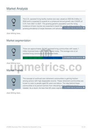 Market Analysis
Start Writing here...
The U.S. assisted living facility market size was valued at USD 83.2 billion in
2020 and is expected to expand at a compound annual growth rate (CAGR) of
5.3% from 2021 to 2027. The growing geriatric population and the rising
incidence of brain injuries are expected to boost the growth of the market. The
growing prevalence of target diseases and advancements in assisted living
Market segmentation
Start Writing here...
There are approximately 28,900 assisted living communities with nearly 1
million licensed beds in the United States today. The average size of an
assisted living community is 33 licensed beds.
Market Trends
Start Writing here...
The concept of continual care retirement communities is gaining traction
among seniors with high disposable income. These retirement communities are
known to cater to people aged 50 years and above. The idea behind these
communities is to prevent seniors from relocating when additional care is
needed. As a result, the less than 65 years segment is likely to receive a
To unlock help try Upmetrics! 
To unlock help try Upmetrics! 
To unlock help try Upmetrics! 
[YEAR] Business Plan | Residential Assisted Living 13 / 31
 