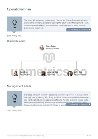 Operational Plan
Start Writing here...
The team will be headed by Managing Director Ms. Stacy Green who will also
oversee the company operations. Joining Ms. Stacy in the Management Team,
the company will onboard a care manager, care coordinator, and a team of
professional caregivers.
Organization chart
Stacy Green
Managing Director
Jane Doe
Care Manager
Amanda Doe
Care Giver
John Doe
Care coordinator
Management Team
Start Writing here...
Equipped with such extensive academic and work experience in management,
branding, and marketing, Ms. Stacy would be more than capable of overseeing
and handling the business operations of Home Aid. Her excellent people skills
would guarantee healthy relationships with both clients and employees, while
her passion to make a change in the lives of specifically elderly and differently-
To unlock help try Upmetrics! 
To unlock help try Upmetrics! 
[YEAR] Business Plan | Residential Assisted Living 20 / 31
 