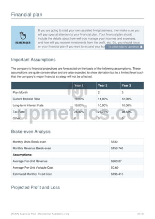 Financial plan
If you are going to start your own assisted living business, then make sure you
will pay special attention to your financial plan. Your financial plan should
include the details about how well you manage your incomes and expenses,
and how will you recover investments from the profit, etc. So, you should focus
on your financial plan if you want to expand your business on a large scale.
Important Assumptions
The company’s financial projections are forecasted on the basis of the following assumptions. These
assumptions are quite conservative and are also expected to show deviation but to a limited level such
that the company’s major financial strategy will not be affected.
Year 1 Year 2 Year 3
Plan Month 1 2 3
Current Interest Rate 10,00% 11,00% 12,00%
Long-term Interest Rate 10,00% 10,00% 10,00%
Tax Rate 26,42% 27,76% 28,12%
Other 0 0 0
Brake-even Analysis
Monthly Units Break-even 5530
Monthly Revenue Break-even $159 740
Assumptions:
Average Per-Unit Revenue $260,87
Average Per-Unit Variable Cost $0,89
Estimated Monthly Fixed Cost $196 410
Projected Profit and Loss
To unlock help try Upmetrics! 
[YEAR] Business Plan | Residential Assisted Living 24 / 31
 