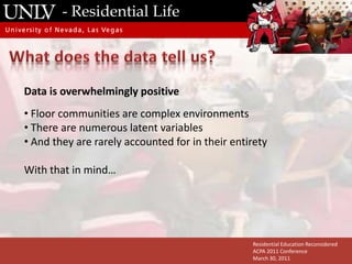 - Residential LifeInformation Processing ModelWorking Memory Provides a mechanism for extended concentration on a limited amount of information5-9 bits/chunksUp to 30 Seconds, extended with attention up to ~20 minutesSensory information either external or internalSensory RegisterImmediate MemoryWorking MemoryResidential Education ReconsideredACPA 2011 ConferenceMarch 30, 2011