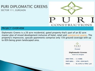 PROJECT OVERVIEW
Diplomatic Greens is a 20 acre residential, gated property that's part of an 82 acre
master plan of mixed development inclusive of hotel, retail and commercial spaces. The
property's impressive, upscale apartments comprise only 15% ground coverage with up
to 85% being green landscaped area.
 
