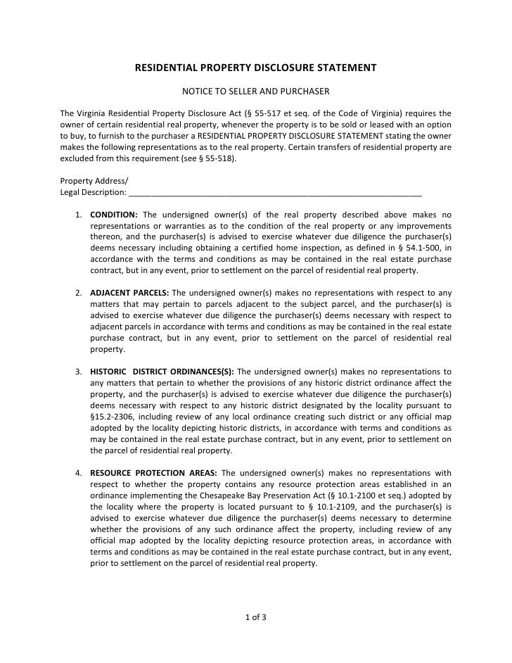 Virginia Residential Property Disclosure 2010 Version
