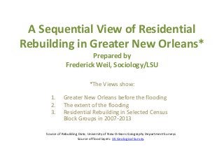 A Sequential View of ResidentialRebuilding in Greater New Orleans*Prepared byFrederick Weil, Sociology/LSU*The Views show:1. Greater New Orleans before the flooding2. The extent of the flooding3. Residential Rebuilding in Selected CensusBlock Groups in 2007-2013Source of Rebuilding Data: University of New Orleans Geography Department SurveysSource of flood layers: US Geological Survey. 