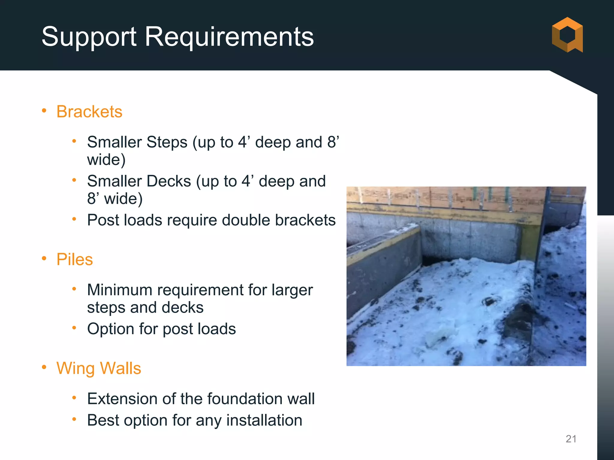 Support Requirements

• Brackets
    • Smaller Steps (up to 4’ deep and 8’
      wide)
    • Smaller Decks (up to 4’ deep and
      8’ wide)
    • Post loads require double brackets

• Piles
    • Minimum requirement for larger
      steps and decks
    • Option for post loads

• Wing Walls
    • Extension of the foundation wall
    • Best option for any installation
                                            21
 