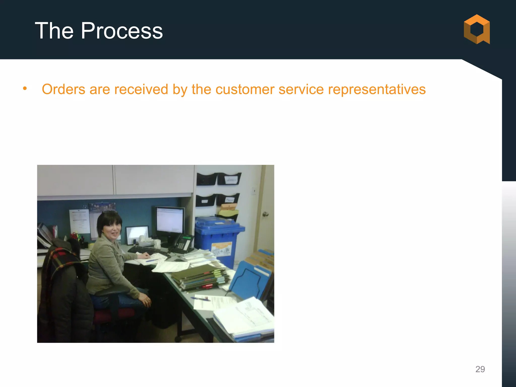 The Process

•   Orders are received by the customer service representatives




                                                                  29
 