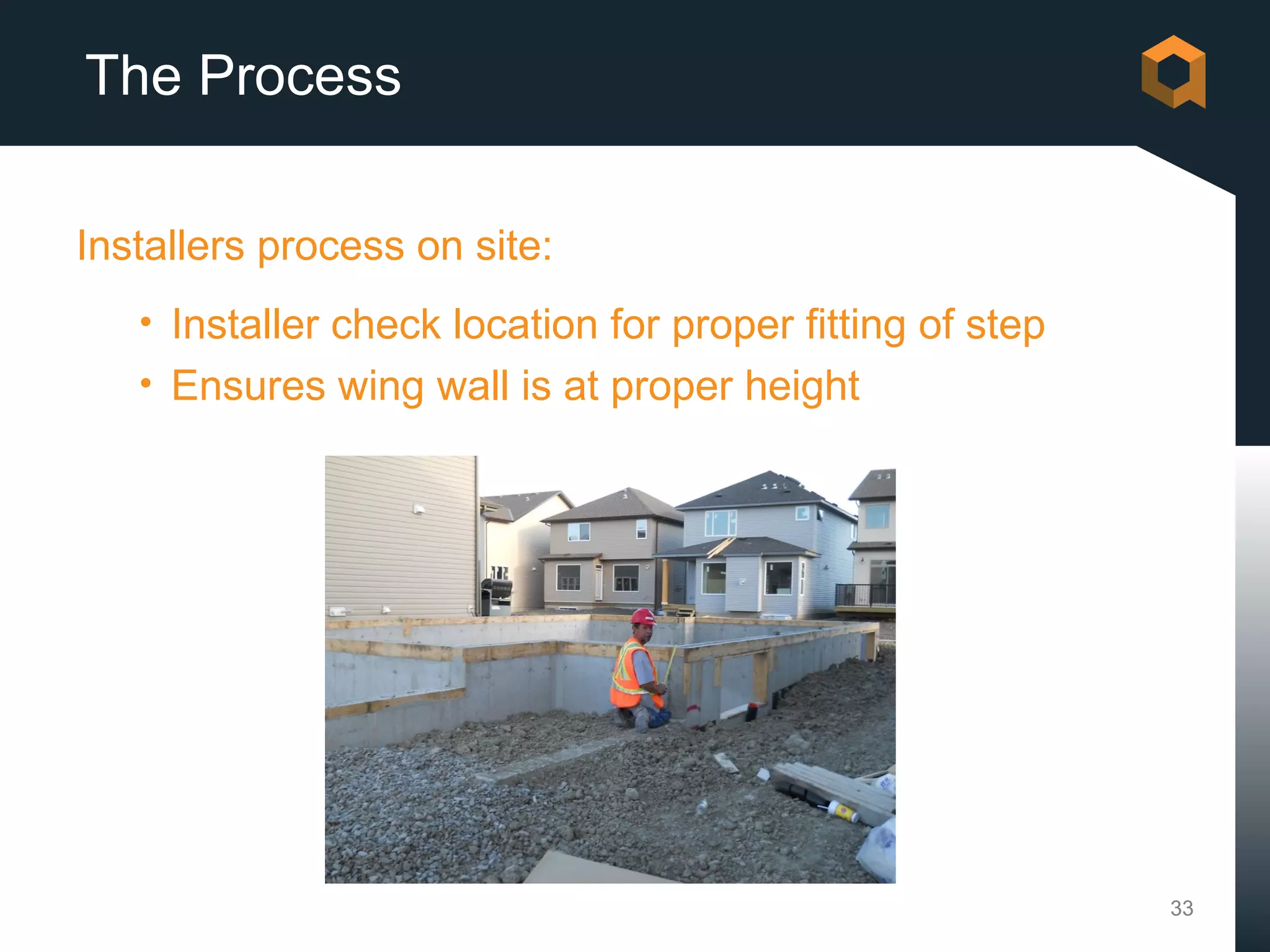 The Process

Installers process on site:
   • Installer check location for proper fitting of step
   • Ensures wing wall is at proper height




                                                           33
 