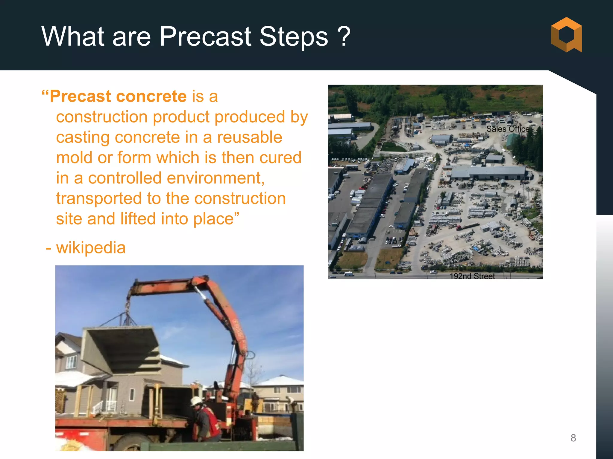What are Precast Steps ?

“Precast concrete is a
  construction product produced by
  casting concrete in a reusable
  mold or form which is then cured
  in a controlled environment,
  transported to the construction
  site and lifted into place”
- wikipedia




                                     8
 