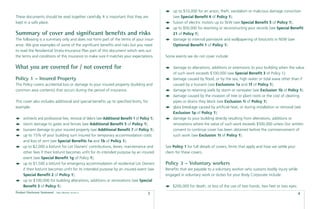up to $10,000 for an arson, theft, vandalism or malicious damage conviction
These documents should be read together carefully. It is important that they are                      (see Special Beneﬁt 4 of Policy 1);
kept in a safe place.                                                                                 fusion of electric motors up to 5kW (see Special Beneﬁt 5 of Policy 1);
                                                                                                      up to $50,000 for rewriting or reconstructing your records (see Special Beneﬁt
Summary of cover and signiﬁcant beneﬁts and risks                                                     21 of Policy 1);
The following is a summary only and does not form part of the terms of your insur-                    damage to internal paintwork and wallpapering of lots/units in NSW (see
ance. We give examples of some of the signiﬁcant beneﬁts and risks but you need                       Optional Beneﬁt 1 of Policy 1).
to read the Residential Strata Insurance Plan part of this document which sets out
the terms and conditions of this insurance to make sure it matches your expectations.             Some events we do not cover include:

What you are covered for / not covered for                                                            damage to alterations, additions or extensions to your building when the value
                                                                                                      of such work exceeds $100,000 (see Special Beneﬁt 3 of Policy 1);
Policy 1 – Insured Property                                                                           damage caused by ﬂood, or by the sea, high water or tidal wave other than if
This Policy covers accidental loss or damage to your insured property (building and                   caused by a tsunami (see Exclusions 1a and 1f of Policy 1);
common area contents) that occurs during the period of insurance.                                     damage to retaining walls by storm or rainwater (see Exclusion 1b of Policy 1);
                                                                                                      damage caused by the invasion of tree or plant roots or the cost of cleaning
This cover also includes additional and special beneﬁts up to speciﬁed limits, for                    pipes or drains they block (see Exclusion 1i of Policy 1);
example:                                                                                              glass breakage caused by artiﬁcial heat, or during installation or removal (see
                                                                                                      Exclusion 1p of Policy 1);
     architects and professional fees, removal of debris (see Additional Beneﬁt 1 of Policy 1);       damage to your building directly resulting from alterations, additions or
     storm damage to gates and fences (see Additional Beneﬁt 5 of Policy 1);                          renovations where the value of such work exceeds $500,000 unless Our written
     tsunami damage to your insured property (see Additional Beneﬁt 7 of Policy 1);                   consent to continue cover has been obtained before the commencement of
     up to 15% of your building sum insured for temporary accommodation costs                         such work (see Exclusion 1t of Policy 1).
     and loss of rent (see Special Beneﬁts 1a and 1b of Policy 1);
     up to $2,000 a lot/unit for Lot Owners’ contributions, levies, maintenance and               See Policy 1 for full details of covers, limits that apply and how we settle your
     other fees if their lot/unit becomes unﬁt for its intended purpose by an insured             claim for these covers.
     event (see Special Beneﬁt 1g of Policy 1);
     up to $1,500 a lot/unit for emergency accommodation of residential Lot Owners                Policy 3 – Voluntary workers
     if their lot/unit becomes unﬁt for its intended purpose by an insured event (see             Beneﬁts that are payable to a voluntary worker who sustains bodily injury while
     Special Beneﬁt 2 of Policy 1);                                                               engaged in voluntary work or duties for your Body Corporate include:
     up to $100,000 for building alterations, additions or renovations (see Special
     Beneﬁt 3 of Policy 1);                                                                           $200,000 for death, or loss of the use of two hands, two feet or two eyes;
Product Disclosure Statement   Date effective: 01.03.11
                                                                                          3                                                                                           4
 