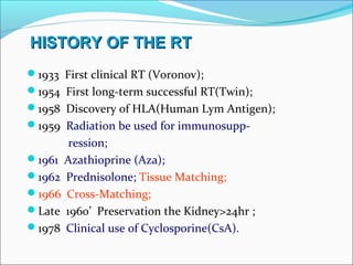 HISTORY OF THE RTHISTORY OF THE RT
1933 First clinical RT (Voronov);
1954 First long-term successful RT(Twin);
1958 Discovery of HLA(Human Lym Antigen);
1959 Radiation be used for immunosupp-
ression;
1961 Azathioprine (Aza);
1962 Prednisolone; Tissue Matching;
1966 Cross-Matching;
Late 1960’ Preservation the Kidney>24hr ;
1978 Clinical use of Cyclosporine(CsA).
 