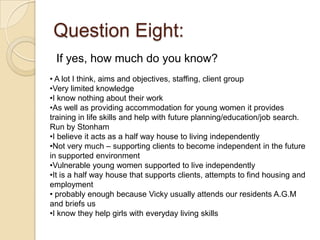 Question Eight:
 If yes, how much do you know?
• A lot I think, aims and objectives, staffing, client group
•Very limited knowledge
•I know nothing about their work
•As well as providing accommodation for young women it provides
training in life skills and help with future planning/education/job search.
Run by Stonham
•I believe it acts as a half way house to living independently
•Not very much – supporting clients to become independent in the future
in supported environment
•Vulnerable young women supported to live independently
•It is a half way house that supports clients, attempts to find housing and
employment
• probably enough because Vicky usually attends our residents A.G.M
and briefs us
•I know they help girls with everyday living skills
 