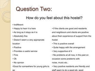 Question Two:
                How do you feel about this hostel?
• Indifferent
• Happy to hear it is here               • If the clients are good and residents
• As long as it stays as it is           and neighbours and clients are positive
• Absolutely fine                        about their experience of support from the
• Doesn’t seem a very appropriate        hostel
location                                 • This is positive overall
• Positive                               • Quite happy with the arrangement
• Provides a useful service              • Very supportive of it
• Fine                                   • No problems at all now, in the past on
• Ok                                     occasion some problems with
• No opinion                             noise, music etc..
•Good for somewhere for young girls to   • Very positive residents are friendly and
go                                       staff seem to do a good job, good
 