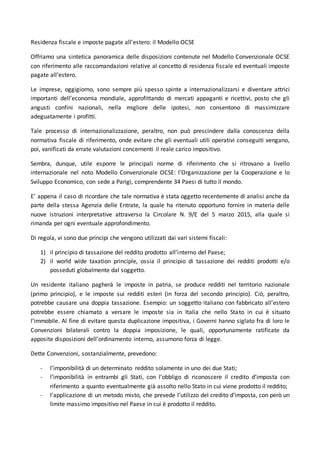 Residenza Fiscale E Imposte Estere Modello Ocse DOCX