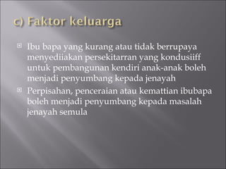 Ibu bapa yang kurang atau tidak berrupaya menyediiakan persekitarran yang kondusiiff untuk pembangunan kendiri anak-anak boleh menjadi penyumbang kepada jenayah Perpisahan, penceraian atau kemattian ibu bapa boleh menjadi penyumbang kepada masalah jenayah semula 