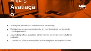 ■ Avaliações e feedbacks contínuos dos residentes;
■ É exigido desempenho não inferior a 7 nas disciplinas, e mínimo de
75% de presença;
■ Atividades práticas avaliadas por diferentes atores: docentes, tutores
e cliente;
■ Trabalho de conclusão do curso é avaliado pelos docentes e tutores.
Etapa 5:
Avaliação
 