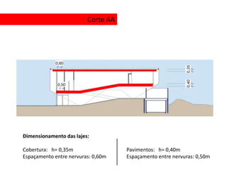 Corte AA




Dimensionamento das lajes:

Cobertura: h= 0,35m                 Pavimentos: h= 0,40m
Espaçamento entre nervuras: 0,60m   Espaçamento entre nervuras: 0,50m
 