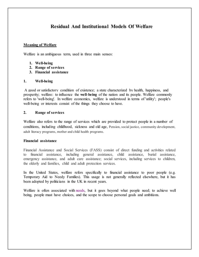 Residual And Institutional View Of Social Welfare