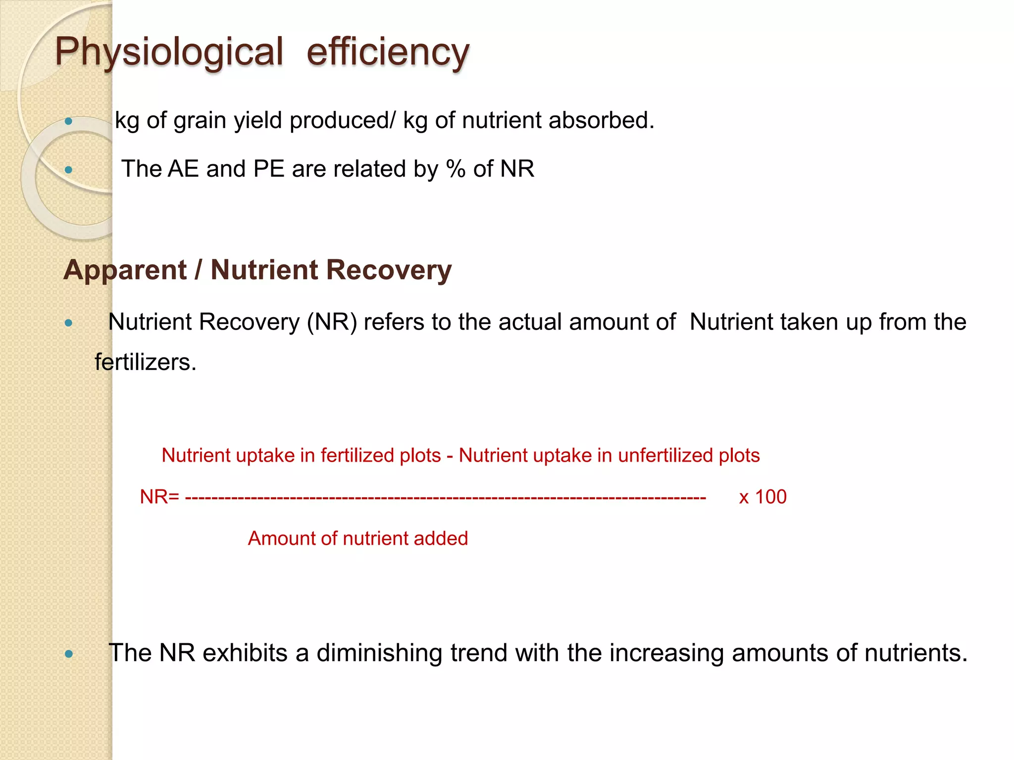 Physiological efficiency
 kg of grain yield produced/ kg of nutrient absorbed.
 The AE and PE are related by % of NR
Apparent / Nutrient Recovery
 Nutrient Recovery (NR) refers to the actual amount of Nutrient taken up from the
fertilizers.
Nutrient uptake in fertilized plots - Nutrient uptake in unfertilized plots
NR= -------------------------------------------------------------------------------- x 100
Amount of nutrient added
 The NR exhibits a diminishing trend with the increasing amounts of nutrients.
 