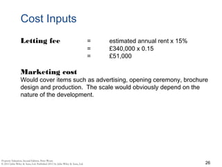 Cost Inputs
26
Letting fee = estimated annual rent x 15%
= £340,000 x 0.15
= £51,000
Marketing cost
Would cover items such as advertising, opening ceremony, brochure
design and production. The scale would obviously depend on the
nature of the development.
 