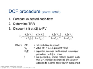 DCF procedure (source: GMCE)
1. Forecast expected cash-flow
2. Determine TRR
3. Discount (1) at (2) to PV
[ ]
[ ]
[ ]
[ ]
[ ]
[ ]
[ ]
[ ]t
t
t
t
rE
CFE
rE
CFE
rE
CFE
rE
CFE
V
0
0
1
0
10
2
0
20
0
10
0
11
...
11 +
+
+
++
+
+
+
= −
−
Where CFt = net cash-flow in period t
V0 = value at t = 0, i.e. present value
E0 [r] = expected average multi-period return (per
period) at t = 0 (i.e. now)
t = exit period (i.e. end of holding period) such
that CFt includes capitalised exit value in
addition to income cash-flow in that period
 