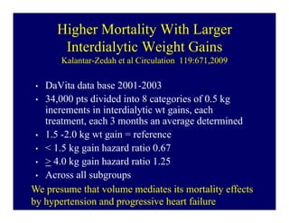 Higher Mortality With Larger
       Interdialytic Weight Gains
       Kalantar-Zedah et al Circulation 119:671,2009

 • DaVita data base 2001-2003
 • 34,000 pts divided into 8 categories of 0.5 kg
   increments in interdialytic wt gains, each
   treatment, each 3 months an average determined
 • 1.5 -2.0 kg wt gain = reference
 • < 1.5 kg gain hazard ratio 0.67
 • > 4.0 kg gain hazard ratio 1.25
 • Across all subgroups
We presume that volume mediates its mortality effects
by hypertension and progressive heart failure
 