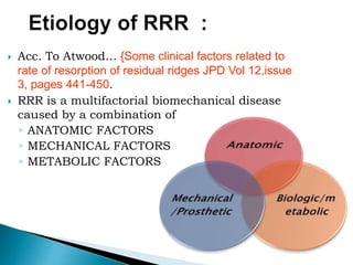  Acc. To Atwood… {Some clinical factors related to
rate of resorption of residual ridges JPD Vol 12,issue
3, pages 441-450.
 RRR is a multifactorial biomechanical disease
caused by a combination of
◦ ANATOMIC FACTORS
◦ MECHANICAL FACTORS
◦ METABOLIC FACTORS
 