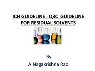 ICH GUIDELINE : Q3C GUIDELINE
FOR RESIDUAL SOLVENTS
By
A.Nagakrishna Rao
 