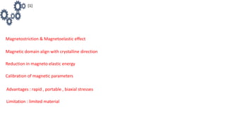 Magnetostriction & Magnetoelastic effect
Magnetic domain align with crystalline direction
Reduction in magneto elastic energy
Calibration of magnetic parameters
Advantages : rapid , portable , biaxial stresses
Limitation : limited material
[1]
 