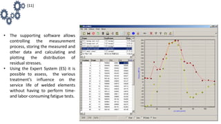 • The supporting software allows
controlling the measurement
process, storing the measured and
other data and calculating and
plotting the distribution of
residual stresses.
• Using the Expert System (ES) it is
possible to assess, the various
treatment’s influence on the
service life of welded elements
without having to perform time-
and labor-consuming fatigue tests.
[11]
 