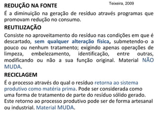 REDUÇÃO NA FONTE

Teixeira, 2009

É a diminuição na geração de resíduo através programas que
promovam redução no consumo.

REUTILIZAÇÃO
Consiste no aproveitamento do resíduo nas condições em que é
descartado, sem qualquer alteração física, submetendo-o a
pouco ou nenhum tratamento; exigindo apenas operações de
limpeza, embelezamento, identificação, entre outras,
modificando ou não a sua função original. Material NÃO

MUDA.
RECICLAGEM

É o processo através do qual o resíduo retorna ao sistema
produtivo como matéria prima. Pode ser considerada como
uma forma de tratamento de parte do resíduo sólido gerado.
Este retorno ao processo produtivo pode ser de forma artesanal
ou industrial. Material MUDA.

 