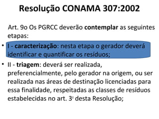 Resolução CONAMA 307:2002
Art. 9o Os PGRCC deverão contemplar as seguintes
etapas:
• I - caracterização: nesta etapa o gerador deverá
identificar e quantificar os resíduos;
• II - triagem: deverá ser realizada,
preferencialmente, pelo gerador na origem, ou ser
realizada nas áreas de destinação licenciadas para
essa finalidade, respeitadas as classes de resíduos
estabelecidas no art. 3o desta Resolução;

 