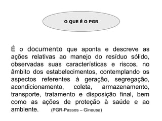 O QUE É O PGR

É o documento que aponta e descreve as
ações relativas ao manejo do resíduo sólido,
observadas suas características e riscos, no
âmbito dos estabelecimentos, contemplando os
aspectos referentes à geração, segregação,
acondicionamento,
coleta,
armazenamento,
transporte, tratamento e disposição final, bem
como as ações de proteção à saúde e ao
ambiente.
(PGR-Passos – Gineusa)

 