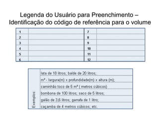 Legenda do Usuário para Preenchimento –
Identificação do código de referência para o volume

 