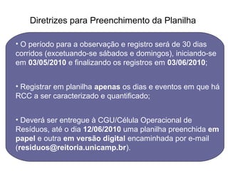 Diretrizes para Preenchimento da Planilha
• O período para a observação e registro será de 30 dias
corridos (excetuando-se sábados e domingos), iniciando-se
em 03/05/2010 e finalizando os registros em 03/06/2010;
• Registrar em planilha apenas os dias e eventos em que há
RCC a ser caracterizado e quantificado;
• Deverá ser entregue à CGU/Célula Operacional de
Resíduos, até o dia 12/06/2010 uma planilha preenchida em
papel e outra em versão digital encaminhada por e-mail
(residuos@reitoria.unicamp.br).

 