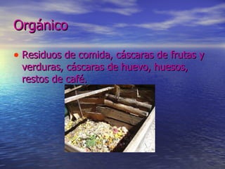 Orgánico   Residuos de comida, cáscaras de frutas y verduras, cáscaras de huevo, huesos, restos de café.  